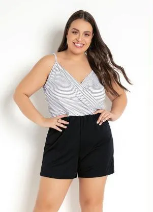 Moda Pop - Macaquinho Transpassado Listrado/Preto com Alças - MODA POP