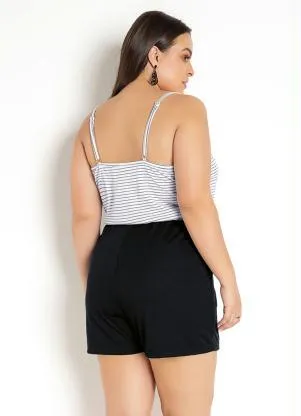 Moda Pop - Macaquinho Transpassado Listrado/Preto com Alças - MODA POP