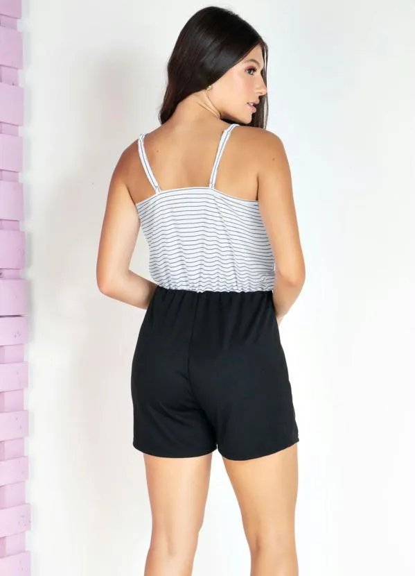 Moda Pop - Macaquinho Transpassado Listrado/Preto com Alças 2