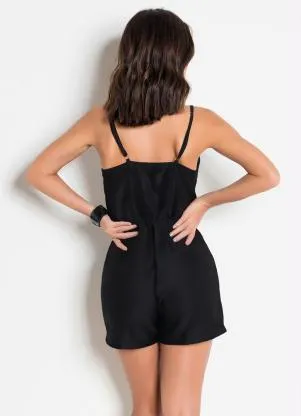 Moda Pop - Macaquinho Transpassado Preto com Alças - MODA POP