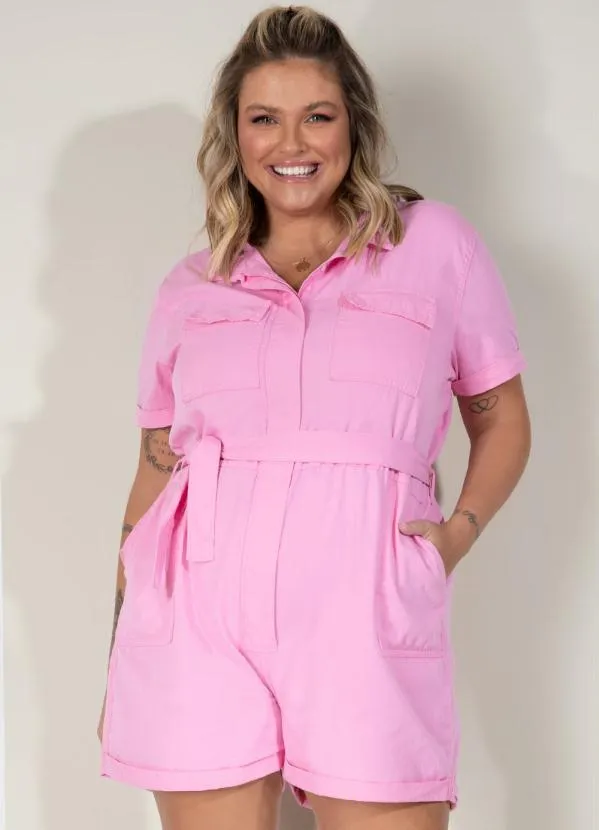 Quintess - Macaquinho Utilitário Rosa com Bolsos e Faixa 7