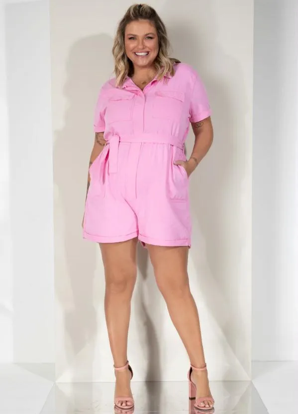 Quintess - Macaquinho Utilitário Rosa com Bolsos e Faixa 5