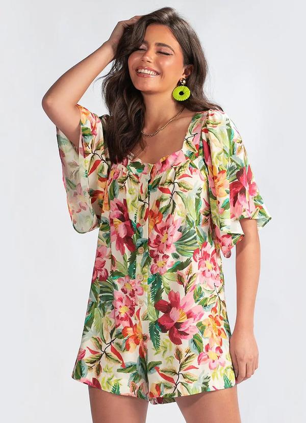 Farm - Macaquinho Viscose Floral Pintado Verde