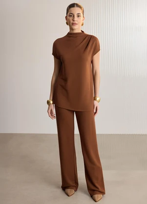 Lunender - Blusa Alongada com Gola em Malha Tricô Marrom - LUNENDER