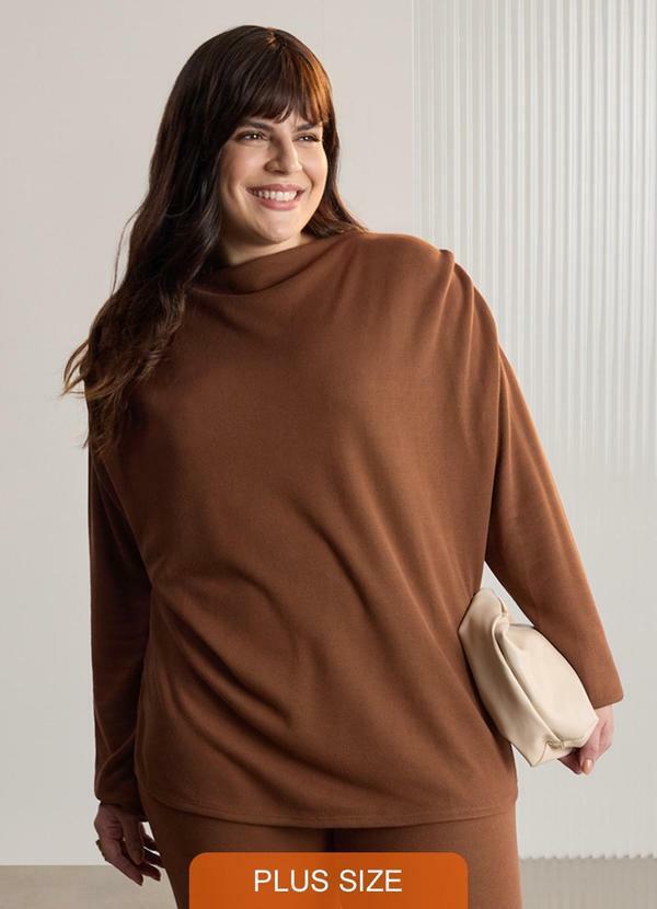 Lunender Mais Mulher - Blusa Alongada Plus Size em Malha Tricô Marrom