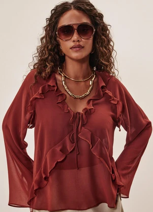 Elegance - Blusa Ampla com Babados Marrom Choco - ELEGANCE