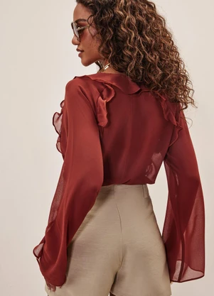Elegance - Blusa Ampla com Babados Marrom Choco - ELEGANCE