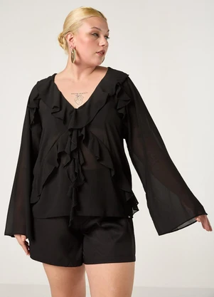 Elegance - Blusa Ampla com Babados Preto - ELEGANCE