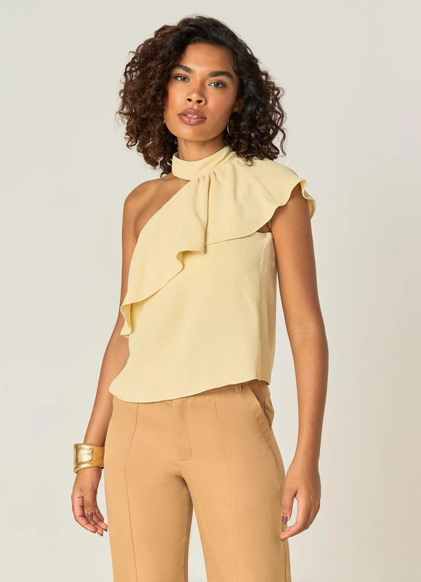 Elegance - Blusa Assimétrica de um Ombro Bege Concha