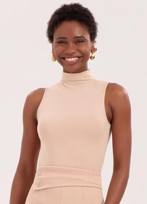 Lunender - Blusa Básica com Gola Alta em Malha Bege - LUNENDER