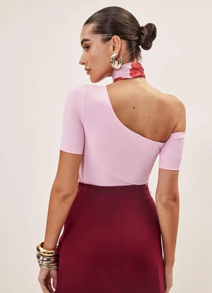 Elegance - Blusa Canelada com Decote Diagonal Rosa Donuts - ELEGANCE