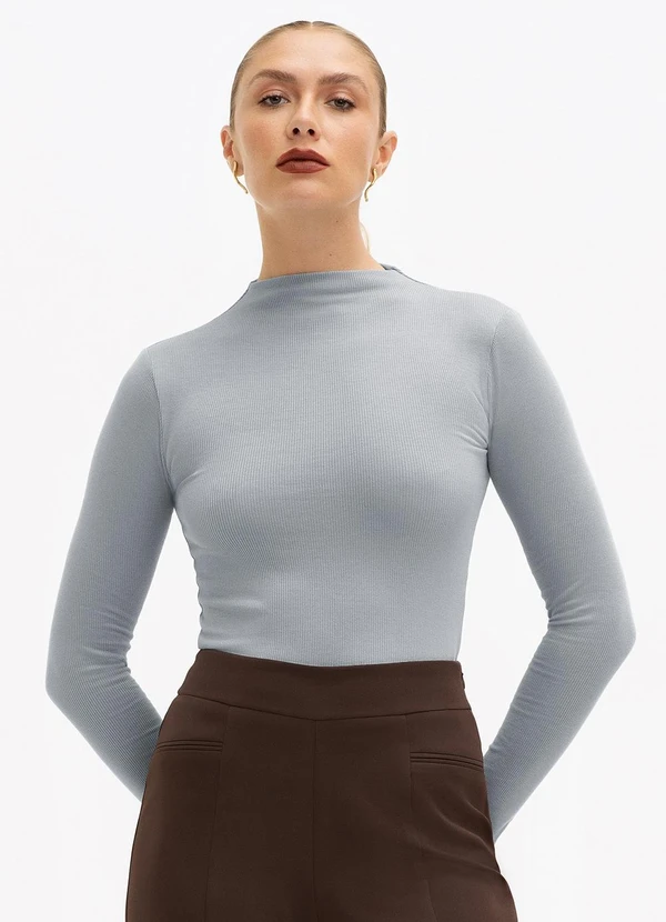 Principessa - Blusa Canelada Gola Alta Cinza Azulado Adele