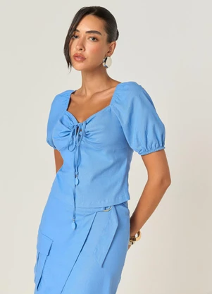Elegance - Blusa com Amarração Costas e Decote Azul - ELEGANCE