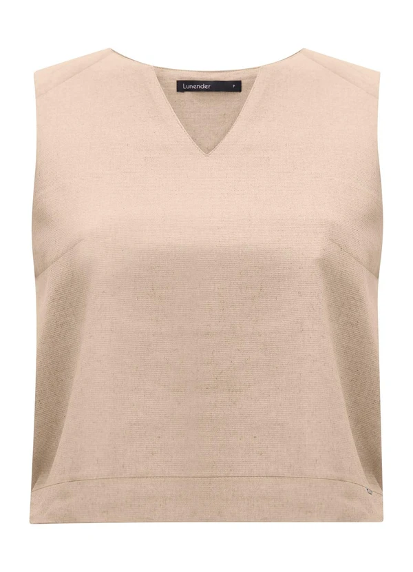 Lunender - Blusa com Decote em V Plano e Elastano Bege