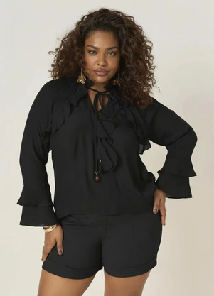 Elegance - Blusa com Decote V com Amarração e Babados Preto - ELEGANCE