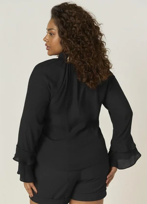 Elegance - Blusa com Decote V com Amarração e Babados Preto - ELEGANCE