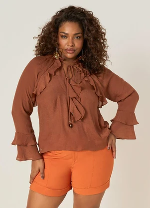 Elegance - Blusa com Decote V com Amarração Marrom - ELEGANCE