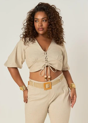 Elegance - Blusa com Decote V e Amarração Bege Natural - ELEGANCE