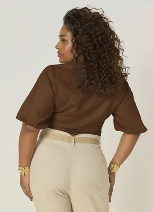 Elegance - Blusa com Decote V e Amarração Marrom Choco - ELEGANCE