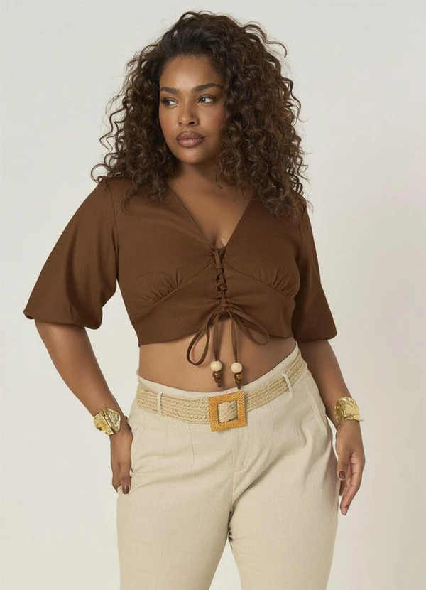 Elegance - Blusa com Decote V e Amarração Marrom Choco