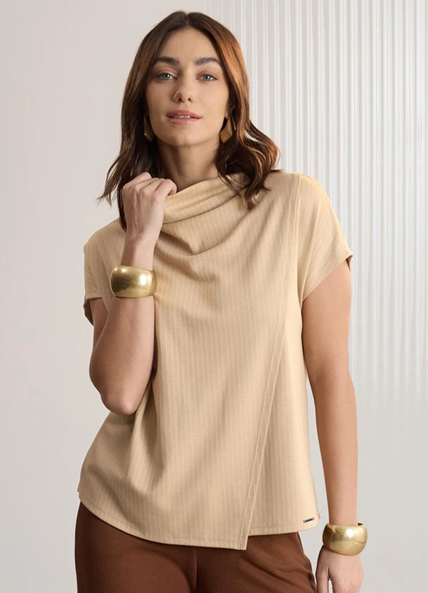 Lunender - Blusa com Gola Degagê em Malha Risca de Giz Bege