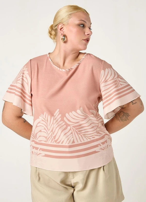 Elegance - Blusa com Mangas Fluidas e Gola Canoa Leafs Rose