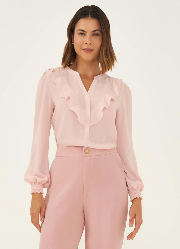 Principessa - Blusa Manga Longa de Crepe com Babado Rosa Pastel Samily