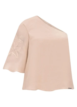 Lunender - Blusa de um Ombro Só com Manga Ampla e Bege - LUNENDER