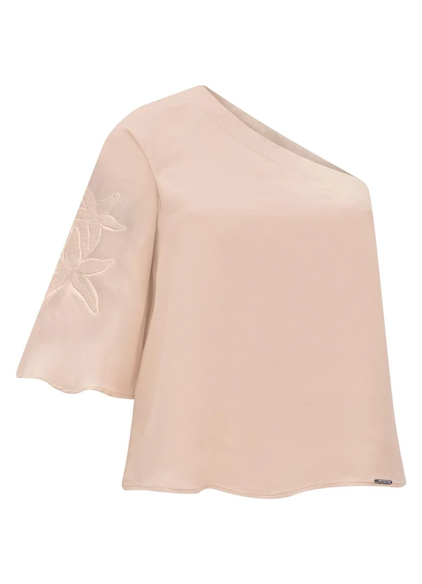 Lunender - Blusa de um Ombro Só com Manga Ampla e Bege
