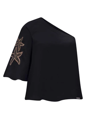 Lunender - Blusa de um Ombro Só com Manga Ampla e Preto - LUNENDER