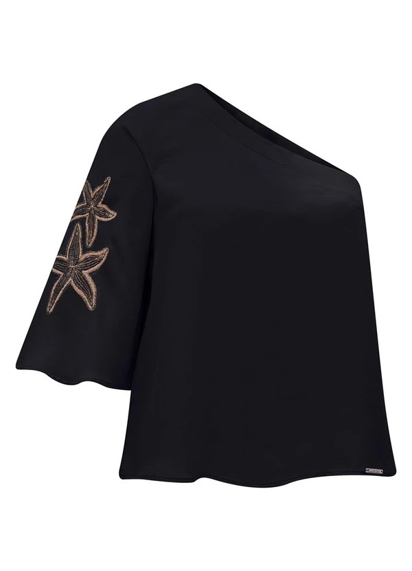 Lunender - Blusa de um Ombro Só com Manga Ampla e Preto