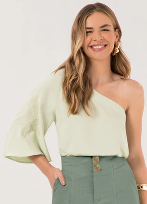 Lunender - Blusa de um Ombro Só com Manga Ampla e Verde - LUNENDER