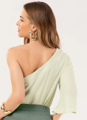 Lunender - Blusa de um Ombro Só com Manga Ampla e Verde - LUNENDER