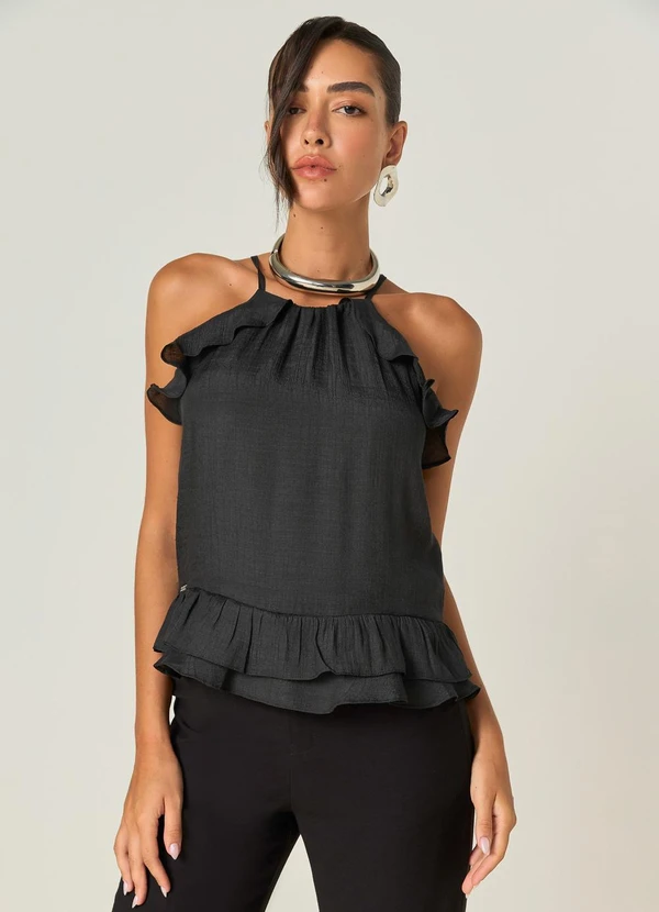 Elegance - Blusa Decote Halter e Babados Ombros Preto