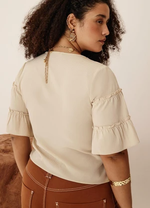 Elegance - Blusa Decote V Detalhe Manga Fluida Bege Quaker - ELEGANCE