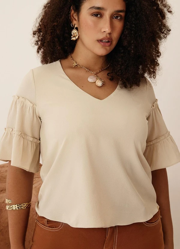 Elegance - Blusa Decote V Detalhe Manga Fluida Bege Quaker