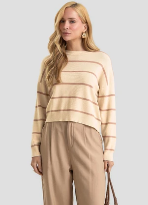 Dianna - Blusa Feminina Tricot Listrada Manga Longa Bege - DIANNA