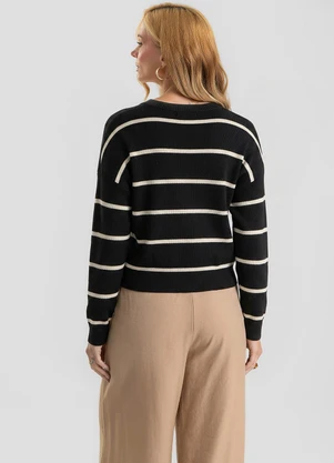 Dianna - Blusa Feminina Tricot Listrada Manga Longa Preto - DIANNA