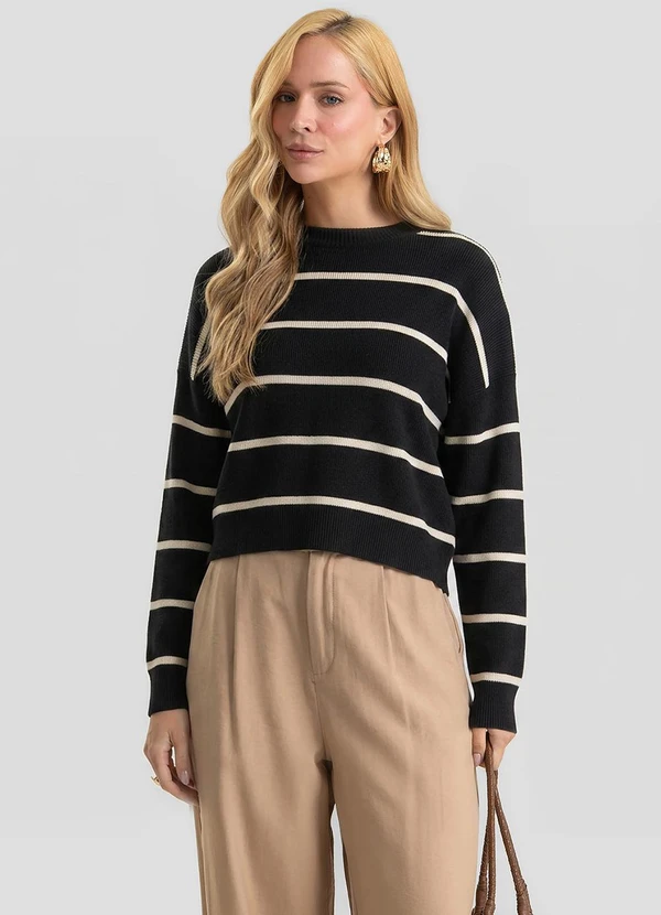 Dianna - Blusa Feminina Tricot Listrada Manga Longa Preto