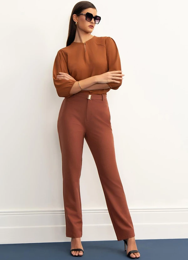 Principessa - Blusa Manga 7/8 em Crepe Marrom Ferrugem Vanessa 6