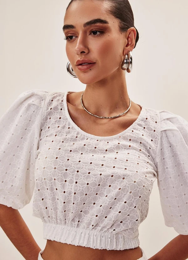 Elegance - Blusa Manga Bufante com Abertura Off White