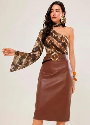 Naguchi - Blusa Ombro So em Tule Estampado Bronze - NAGUCHI