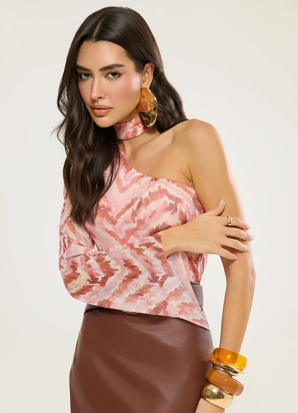 Naguchi - Blusa Ombro So em Tule Estampado Chiclete