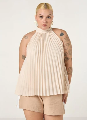 Elegance - Blusa Plissada com Gola Bege Quaker - ELEGANCE