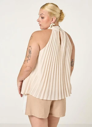 Elegance - Blusa Plissada com Gola Bege Quaker - ELEGANCE