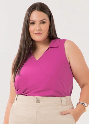 Lunender Mais Mulher - Blusa Plus Size com Decote em V e Gola Rosa - LUNENDER MAIS MULHER