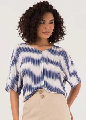 Lunender - Camisa com Decote em V e Manga Curta Azul - LUNENDER