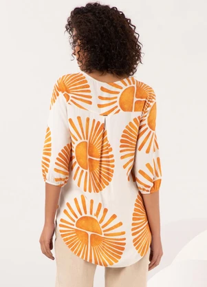 Lunender - Camisa Estampada Alongada com Mangas 3/4 Amarelo - LUNENDER