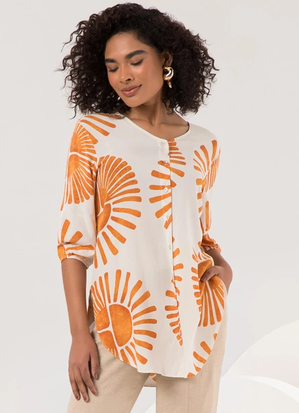 Lunender - Camisa Estampada Alongada com Mangas 3/4 Amarelo