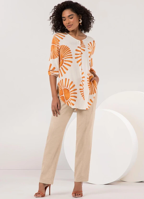 Lunender - Camisa Estampada Alongada com Mangas 3/4 Amarelo 3